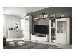 Vitrina alta de diseño con 1 puerta colección SANTIAGO. Color blanco efecto madera y roble.