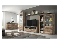 Vitrina alta de diseño con 1 puerta, colección SANTIAGO. Color nogal y negro efecto madera.