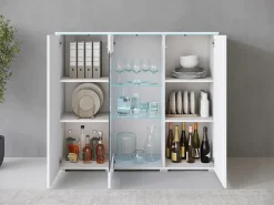 Vitrina alta moderna 120 cm para salón 3 puertas cuerpo blanco mate y frentes blanco brillo