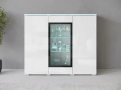 Vitrina alta moderna 120 cm para salón 3 puertas cuerpo blanco mate y frentes blanco brillo
