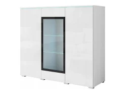 Vitrina alta moderna 120 cm para salón 3 puertas cuerpo blanco mate y frentes blanco brillo