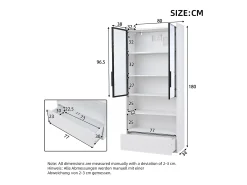 Vitrina alta 80x34x180 cm blanca con cajón, puertas de cristal e iluminación LED
