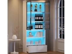 Vitrina alta 80x34x180 cm blanca con cajón, puertas de cristal e iluminación LED