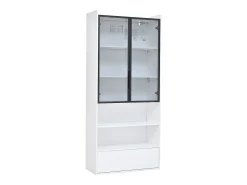 Vitrina alta 80x34x180 cm blanca con cajón, puertas de cristal e iluminación LED
