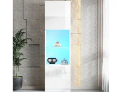 Vitrina blanca brillante con iluminación LED, estante de cristal, MDF, (45x35x160 cm)
