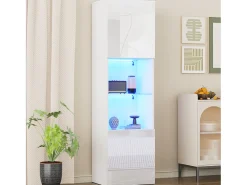 Vitrina blanca brillante con iluminación LED, estante de cristal, MDF, (45x35x160 cm)