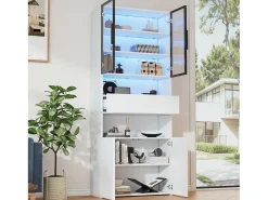 Vitrina blanca con 2 puertas, 2 puertas de cristal, cajón y luces LED, tablero aglomerado