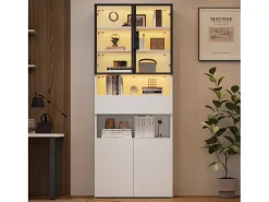 Vitrina blanca con 2 puertas, 2 puertas de cristal, cajón y luces LED, tablero aglomerado