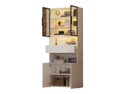 Vitrina blanca con 2 puertas, 2 puertas de cristal, cajón y luces LED, tablero aglomerado