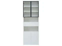 Vitrina blanca con 2 puertas, 2 puertas de cristal, cajón y luces LED, tablero aglomerado