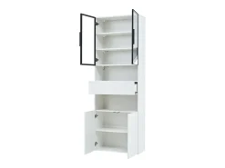 Vitrina blanca con 2 puertas, 2 puertas de cristal, cajón y luces LED, tablero aglomerado