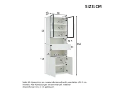 Vitrina blanca con 2 puertas, 2 puertas de cristal, cajón y luces LED, tablero aglomerado