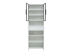 Vitrina blanca con 2 puertas, 2 puertas de cristal, cajón y luces LED, tablero aglomerado