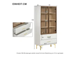 Vitrina blanca con 2 puertas de cristal marrón y 2 cajones, LED incluido - 70x35x150cm