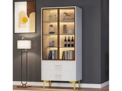 Vitrina blanca con 2 puertas de cristal marrón y 2 cajones, LED incluido - 70x35x150cm