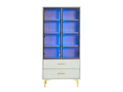 Vitrina blanca con 2 puertas de cristal marrón y 2 cajones, LED incluido - 70x35x150cm