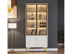 Vitrina blanca con 2 puertas de cristal marrón y 2 cajones, LED incluido - 70x35x150cm