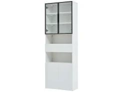 Vitrina blanca con iluminación LED - Vitrina con 2 puertas de cristal y 2 puertas de madera - 1 cajón y almacenaje abierto