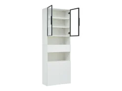 Vitrina blanca con iluminación LED - Vitrina con 2 puertas de cristal y 2 puertas de madera - 1 cajón y almacenaje abierto