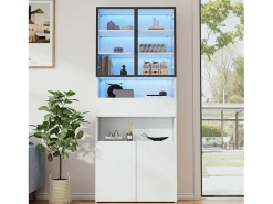 Vitrina blanca con iluminación LED - Vitrina con 2 puertas de cristal y 2 puertas de madera - 1 cajón y almacenaje abierto