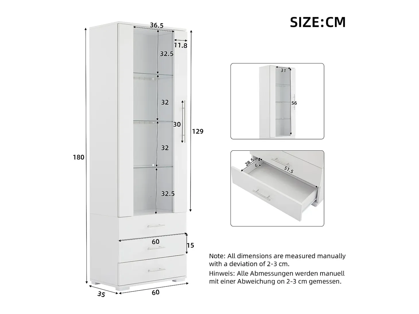 Vitrina brillante - con LED - 3 cajones y estantes - 60x35x180 cm - MDF - Blanco