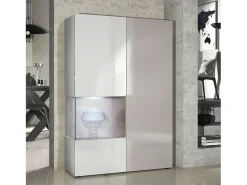 Vitrina Cómoda Morena, cuerpo en blanco mate/ puerta derecha e inserción en gris arena de alto brillo con iluminación LED