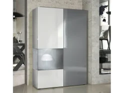 Vitrina Cómoda Morena, cuerpo en blanco mate/ puerta derecha e inserción en gris de alto brillo con iluminación LED