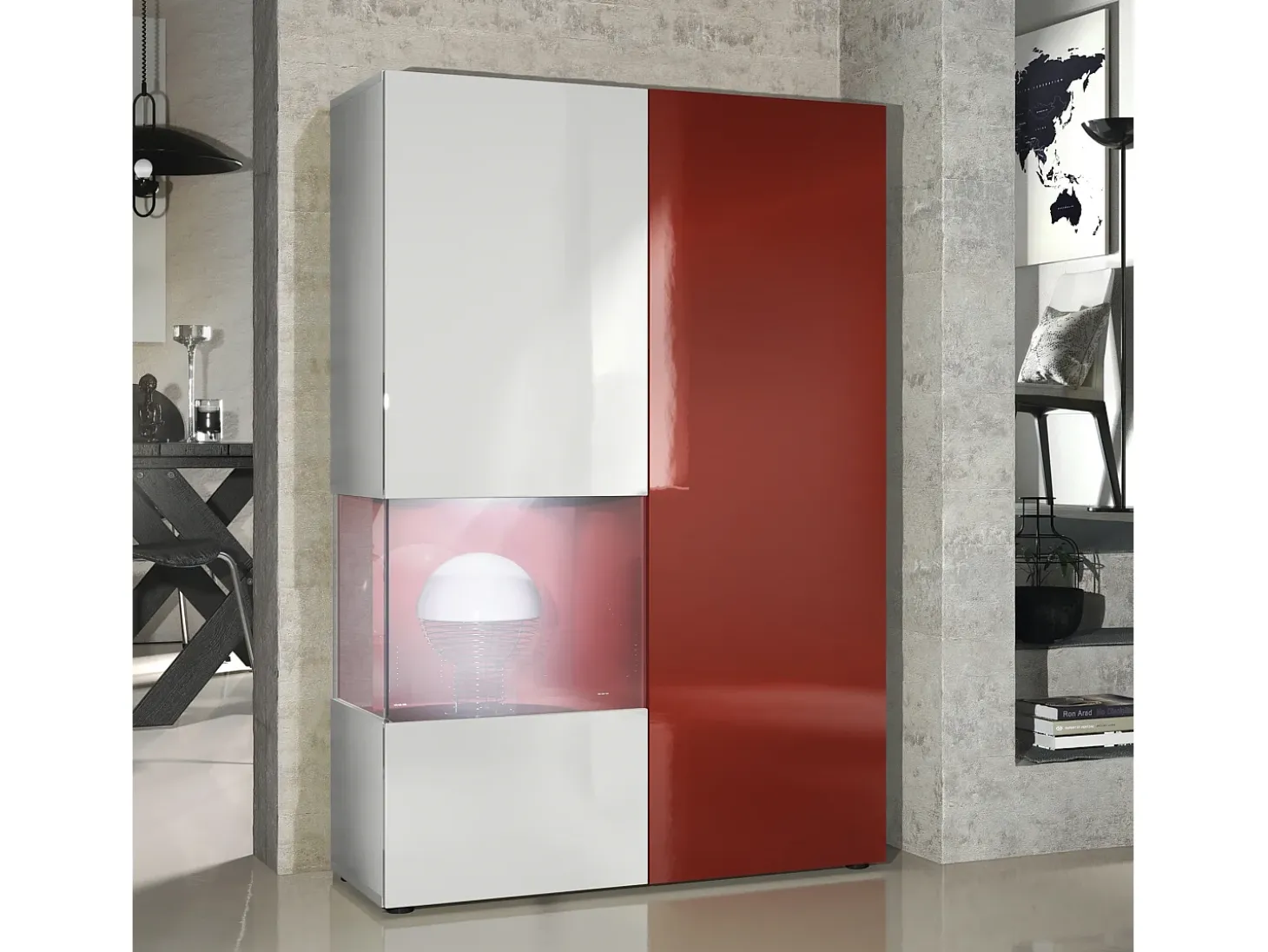 Vitrina Cómoda Morena, cuerpo en blanco mate/ puerta derecha e inserción en burdeos de alto brillo con iluminación LED