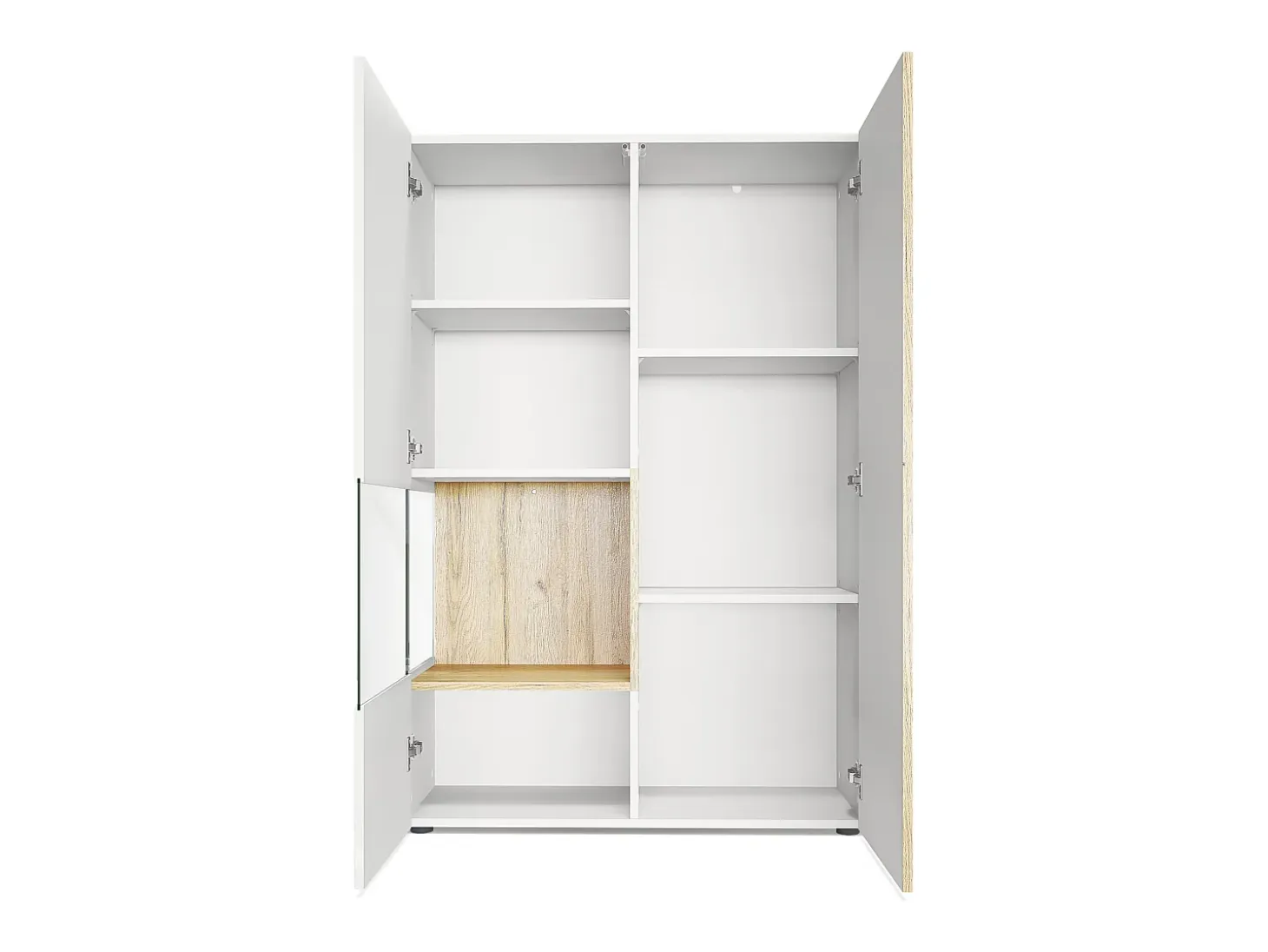 Vitrina Cómoda Morena, cuerpo en blanco mate/ puerta derecha e inserción en burdeos de alto brillo con iluminación LED