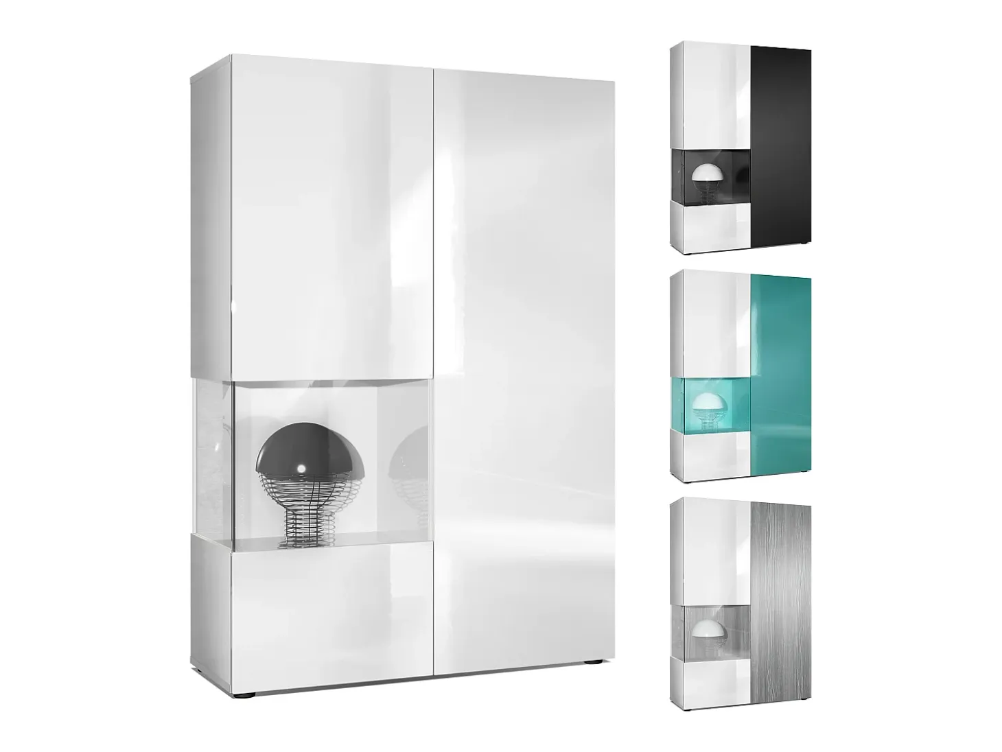 Vitrina Cómoda Morena, cuerpo en blanco mate/ puerta derecha e inserción en burdeos de alto brillo con iluminación LED