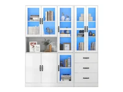 Vitrina combinada moderna con 8 puertas y 3 cajones - LED - Madera MDF - Lacado blanco - 180 x 40 x 200 cm