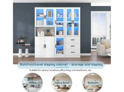 Vitrina combinada moderna con 8 puertas y 3 cajones - LED - Madera MDF - Lacado blanco - 180 x 40 x 200 cm