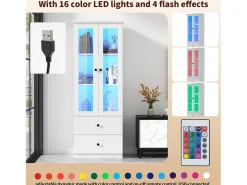 Vitrina con 2 puertas y 2 cajones - 60 x 36 x 165 cm - LEDs - Estantes regulables - Tablero de partículas + MDF - Blanco