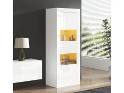 Vitrina con 2 puertas y estantes de cristal, cuerpo lacado en blanco, LED incluido - 61x42x162cm