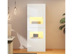 Vitrina con 2 puertas y estantes de cristal, cuerpo lacado en blanco, LED incluido - 61x42x162cm