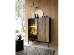 Vitrina con 2 puertas y LED integrado Negro y Roble 104x126 cm