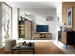 Vitrina con 2 puertas y LED integrado Negro y Roble 104x126 cm