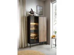 Vitrina con 2 puertas y LED integrado Negro y Roble 104x166 cm