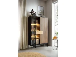 Vitrina con 2 puertas y LED integrado Negro y Roble 104x166 cm