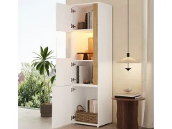 Vitrina con iluminación LED y 2 puertas - Para salón, despacho y cocina - Blanco y natural 50 x 40 x 179 cm