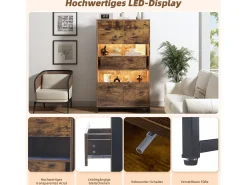 Vitrina con LED, 4 puertas, estantes regulables, color negro y madera (80x40x138 cm)