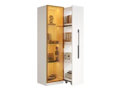 Vitrina con LED 70x40x160 cm - 1 puerta de vidrio y 1 cajón lateral deslizante - Ruedas - MDF + vidrio - Blanco