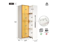 Vitrina con LED 70x40x160 cm - 1 puerta de vidrio y 1 cajón lateral deslizante - Ruedas - MDF + vidrio - Blanco