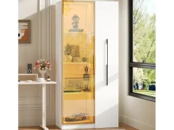 Vitrina con LED 70x40x160 cm - 1 puerta de vidrio y 1 cajón lateral deslizante - Ruedas - MDF + vidrio - Blanco