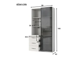Vitrina con librería - 80 x 40 x 160 cm - con puerta de cristal templado + LEDs + 3 cajones - tablero de partículas - blanco