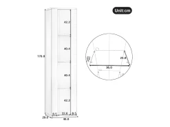 Vitrina con puerta acrílica e iluminación LED - estantes de cristal - Blanco 40 x 29 x 170 cm