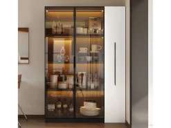 Vitrina con puerta de cristal - 110,5 x 35 x 160 cm - con LED y cajón lateral - MDF - negro y blanco