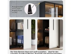 Vitrina con puerta de cristal - 110,5 x 35 x 160 cm - con LED y cajón lateral - MDF - negro y blanco