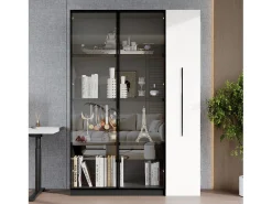 Vitrina con puerta de cristal - 110,5 x 35 x 160 cm - con LED y cajón lateral - MDF - negro y blanco