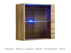 Vitrina cuadrada colgante en color roble claro con 1 puerta de vidrio e iluminación LED incluida. Colección SWITCH.